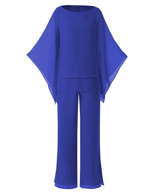 Two Pieces Chiffon Women Plus Size Outfits Mother of Bride Pant Suits Evening Wedding Party Dress 16 / Royal Blue