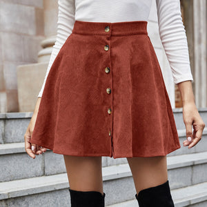 Women's Corduroy Skirt Button Closure A-Line High Waist Mini Short Skirt 2021