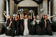 Load image into Gallery viewer, Black Sequin Bridesmaid Dress Sweetheart Halter Mismatched Wedding Party Dress