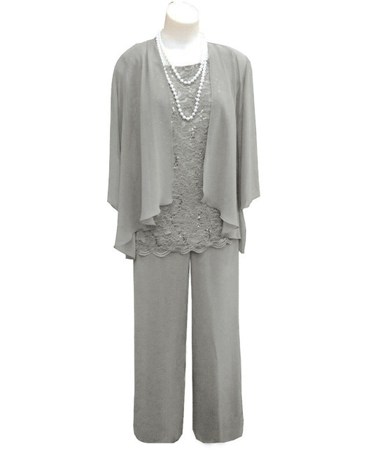 Three-piece bridal pantsuit with top and jacket