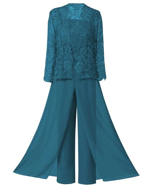Chiffon Three Pieces Mother Of the Bride Dress Pants Suit With Short Jacket Outfit Elegant Evening Lace For Wedding Party 4 / Teal Chiffon Three Pieces Mother Of the Bride Dress Pants Suit With Short Jacket Outfit Elegant Evening Lace For Wedding Party 4 / Teal