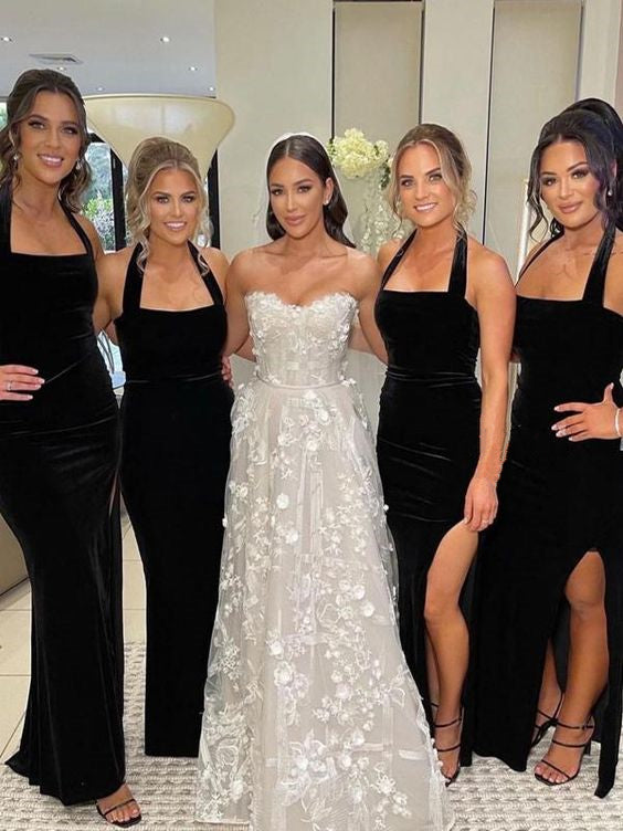 Black Velvet Bridesmaid Dress 2023 Halter Maxi Dress with Slit Black Velvet Bridesmaid Dress 2023 Halter Maxi Dress with Slit