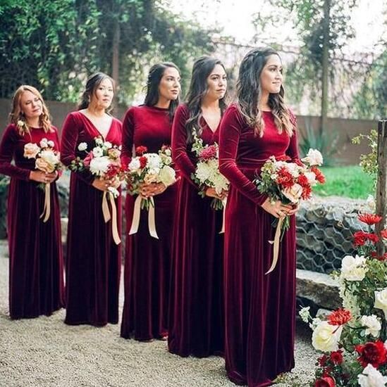 Burgundy Velvet Mismatched Bridesmaid Dress 2023 with Long Sleeves