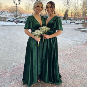 Green Velvet Bridesmaid Dress 2023 Maxi Wrap Dress with Butterfly Sleeves