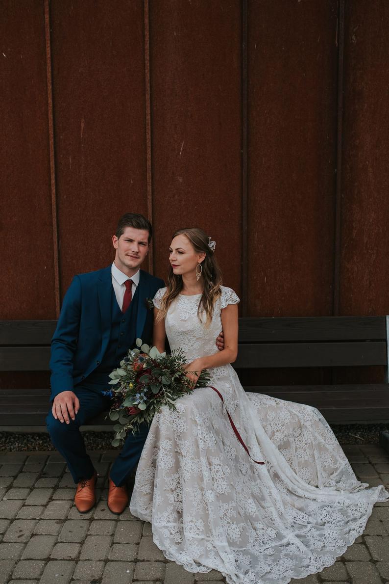 Boho Wedding Dress 2021 Ivory Lace Champagne Lining Maxi Dress – AnnaCustomDress