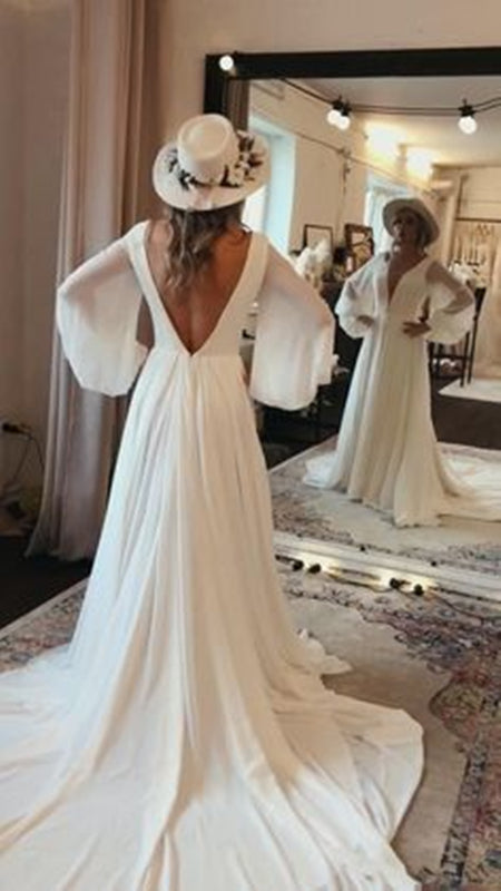 Boho Wedding Dress 2021 Ivory Chiffon Maxi Dress with Bishop Sleeves Custom Color / 12 Boho Wedding Dress 2021 Ivory Chiffon Maxi Dress with Bishop Sleeves Custom Color / 12
