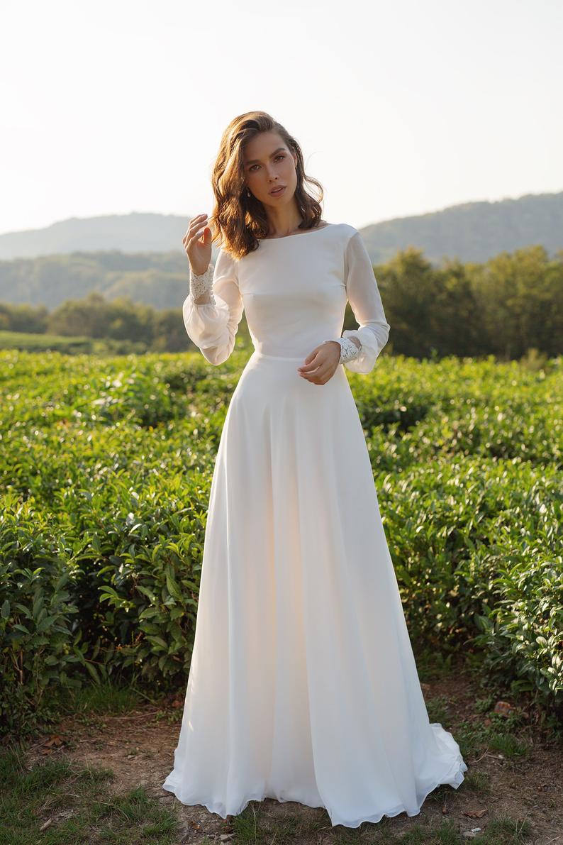 Long Sleeves Wedding Dress 2021 Ivory Chiffon Maxi Dress with Lace Cuff & Back Custom Color / 8 Long Sleeves Wedding Dress 2021 Ivory Chiffon Maxi Dress with Lace Cuff & Back Custom Color / 8