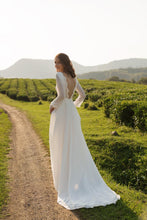 Load image into Gallery viewer, Long Sleeves Wedding Dress 2021 Ivory Chiffon Maxi Dress with Lace Cuff &amp; Back