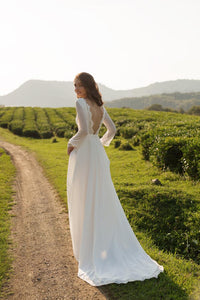 Long Sleeves Wedding Dress 2021 Ivory Chiffon Maxi Dress with Lace Cuff & Back