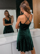 Load image into Gallery viewer, Green Velvet Homecoming Dress 2022 Ruching Waist Short Halloween Dress Christmas