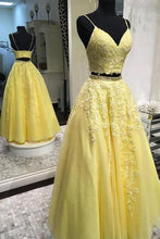 Load image into Gallery viewer, Yellow Prom Dress 2023 Two pieces Spaghetti Straps Tulle with Appliques