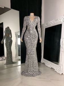 Sliver Prom Dress 2023 V Neck Sequin Long Sleeves