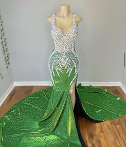Luxurious Prom Dress 2023 Illusion Neck Sleeveless with Slit Rhinestones Sparkly