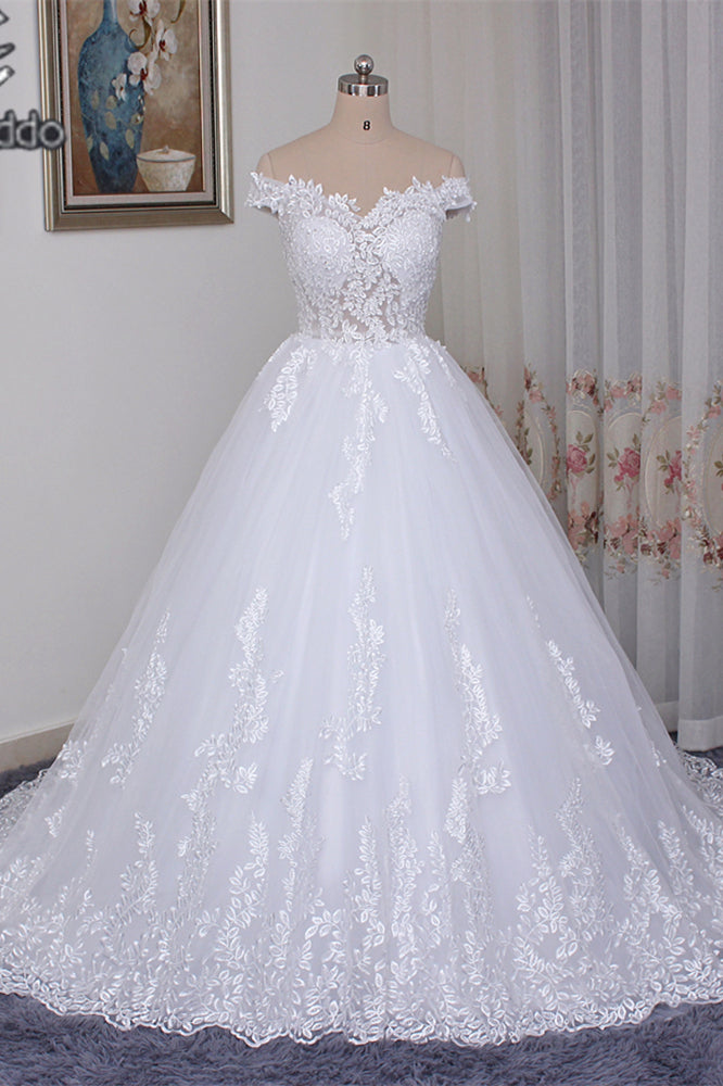 Ball Gown Wedding Dress White Lace Off the Shoulder – AnnaCustomDress