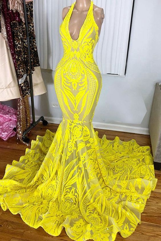 Yellow Prom Dress 2023 Halter Neck Sequin with Ruffles AnnaCustomDress Yellow Prom Dress 2023 Halter Neck Sequin with Ruffles AnnaCustomDress
