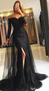 Black Wedding Dress Off the Shoulder Long Sleeves with Slit Ivory / 16 Black Wedding Dress Off the Shoulder Long Sleeves with Slit Ivory / 16