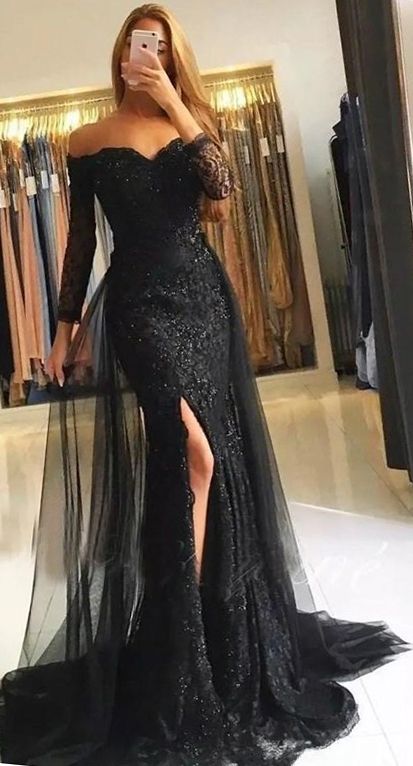 Black Wedding Dress Off the Shoulder Long Sleeves with Slit Ivory / 16 Black Wedding Dress Off the Shoulder Long Sleeves with Slit Ivory / 16