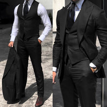 Load image into Gallery viewer, Men&#39;s Suits 3 Pcs Peak Lapel Solid Classic Tuxedo Suits (Jacket+Pants+Vest)