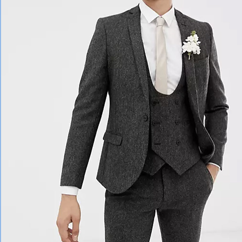 Men's Suit Tweed Jacket With Vest Pants Herringbone Slim Fit Wedding Tuxedos