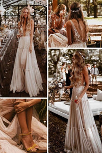 Boho Wedding Dress Champagne Lace Tulle Champagne / Custom Size Boho Wedding Dress Champagne Lace Tulle Champagne / Custom Size