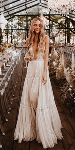 champagne boho wedding dress Luxurious Champagne Lace Wedding Gown: Sleeveless Boho Bridal Dress