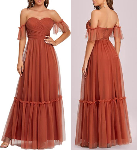 Boho Bridesmaid Dress Burnt Orange Tulle Fall Wedding Party Dress