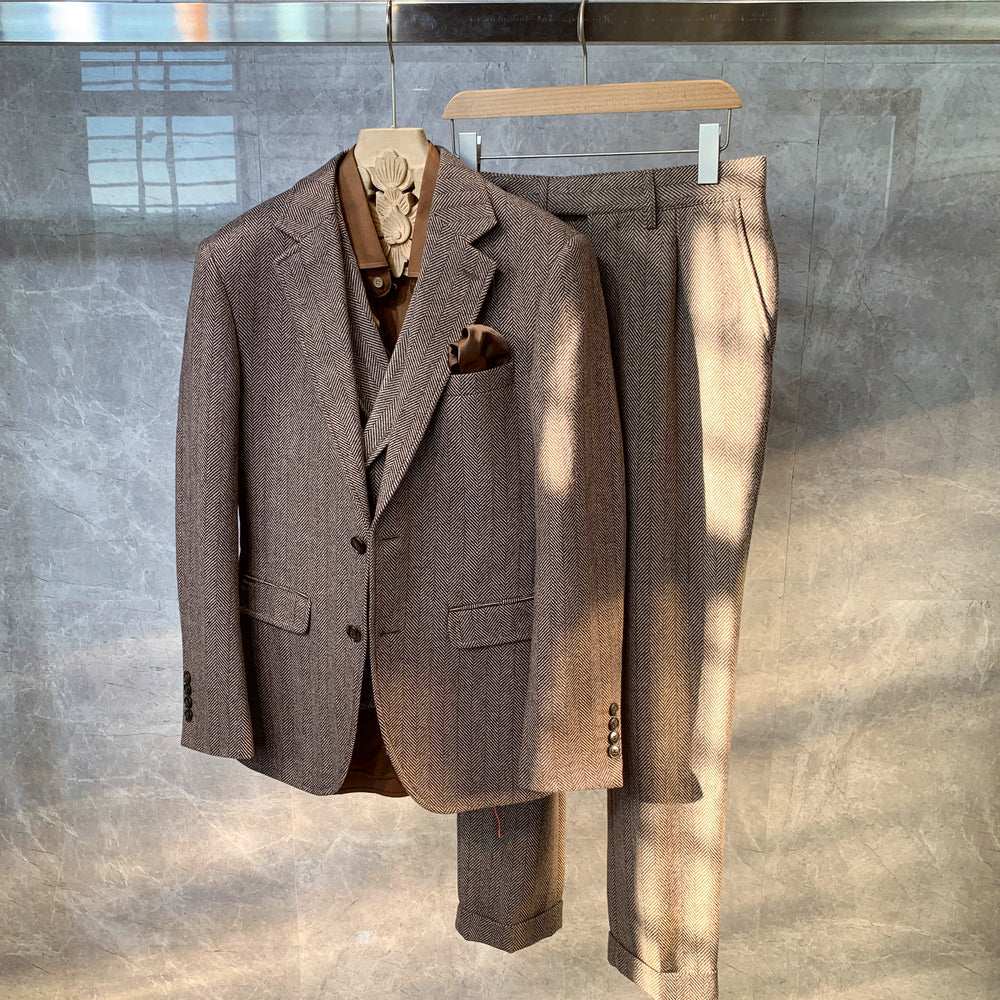 Men's Suit 2 Pcs Tweed Herringbone Suit Collar Slim Fit Business Casual For Wedding