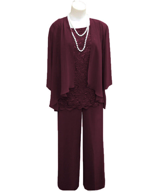 Women 3 Pieces Lace Chiffon Mother Of The Bride Dress Pants Suit With Jacket Outfit 3/4 Sleeves For Wedding Groom 26W / burgundy Women 3 Pieces Lace Chiffon Mother Of The Bride Dress Pants Suit With Jacket Outfit 3/4 Sleeves For Wedding Groom 26W / burgundy
