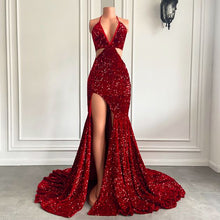 Load image into Gallery viewer, Burgundy Prom Dress 2023 Sexy Halter Neck Sequin with Slit