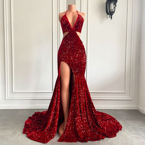 Burgundy Prom Dress 2023 Sexy Halter Neck Sequin with Slit