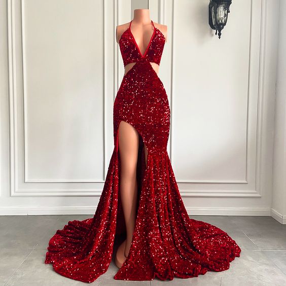 Burgundy Prom Dress 2023 Sexy Halter Neck Sequin with Slit AnnaCustomDress Burgundy Prom Dress 2023 Sexy Halter Neck Sequin with Slit AnnaCustomDress