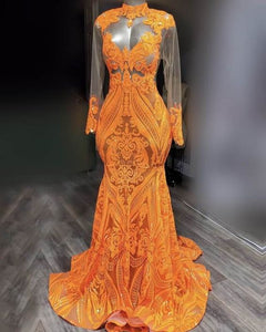 Orange Prom Dress 2023 Illusion Long Sleeves Sequin with Ruffles