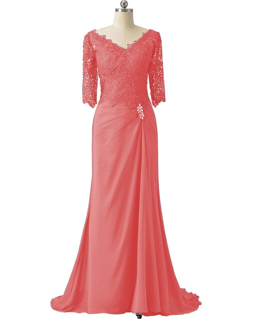 Half Sleeves Lace Mother Of the Bride Bodycon Dress For Wedding Groom Long Formal V Neck For Wedding Party 4 / coral Half Sleeves Lace Mother Of the Bride Bodycon Dress For Wedding Groom Long Formal V Neck For Wedding Party 4 / coral