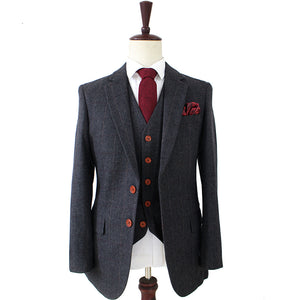 Men's Suit 3Pcs Wool Tweed Plaid Herringbone Slim Fit Wedding For Male