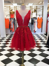 Load image into Gallery viewer, Red Homecoming Dress 2021 A Line V Neck Sleeveless Short Tulle Lace Sequin with crystal