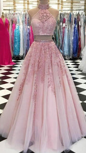 Pink Prom Dress 2023 Halter Two Piece Tulle with Appliques