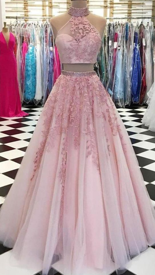 Pink Prom Dress 2023 Halter Two Piece Tulle with Appliques Pink Prom Dress 2023 Halter Two Piece Tulle with Appliques
