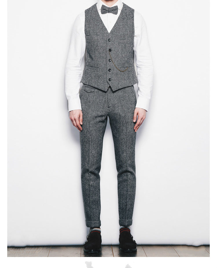 Men's Suit Herringbone Retro Vest Back Satin With Nine Pants For Wedding Business Party Banquet Vest+Pants