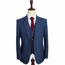 Load image into Gallery viewer, Men&#39;s Suits 3 Pieces Tailored Wool Tweed Blue Plaid Herringbone Retro Suits For Men Wedding
