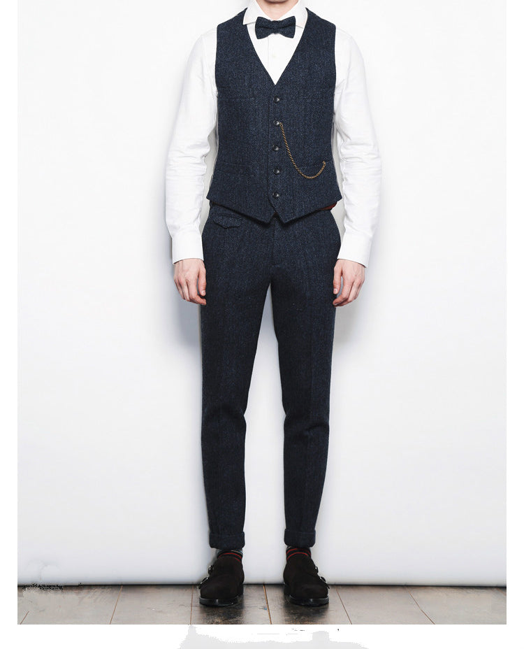 Men's Suit Herringbone Retro Vest Back Satin With Nine Pants For Wedding Business Party Banquet Vest+Pants navy / 2XL Men's Suit Herringbone Retro Vest Back Satin With Nine Pants For Wedding Business Party Banquet Vest+Pants navy / 2XL
