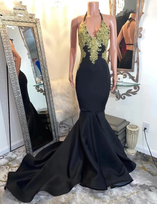 Black Prom Dress 2023 Halter Neck Gold Appliques Ruffles