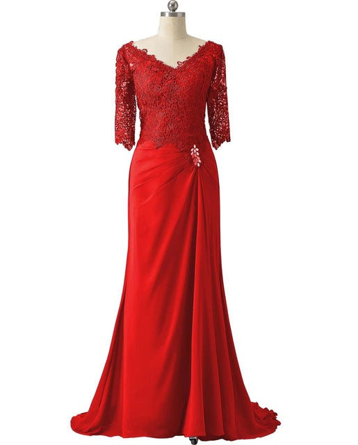 Half Sleeves Lace Mother Of the Bride Bodycon Dress For Wedding Groom Long Formal V Neck For Wedding Party 18W / red Half Sleeves Lace Mother Of the Bride Bodycon Dress For Wedding Groom Long Formal V Neck For Wedding Party 18W / red