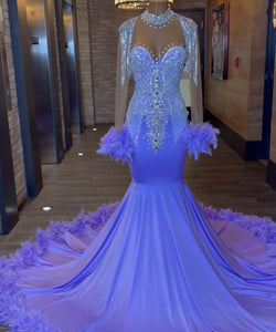 Luxurious Prom Dress 2023 Halter Neck Long Sleeves with Feathers Rhinestones